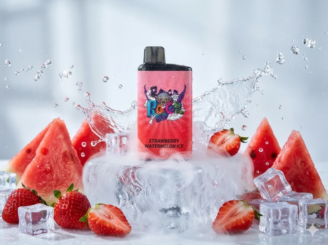 Eye-level commercial advertising shot of a red and pink IGET Bar Pro 10000 vape centered on a frosted ice block