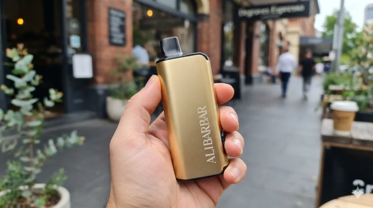 Close-up lifestyle photograph of an adult hand holding a sleek, metallic gold bar disposable vape device (Alibarbar Ingot 9000)
