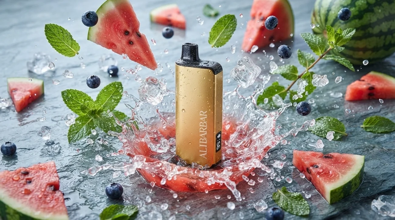 The gold Alibarbar Ingot 9000 vape sits in the center, surrounded by an artistic explosion of fresh watermelon wedges, crushed clear ice cubes, wild blueberries, and fresh mint leaves with micro water droplets